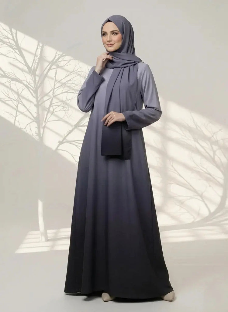 Elegant grey abaya with matching hijab for modest fashion in the UK
