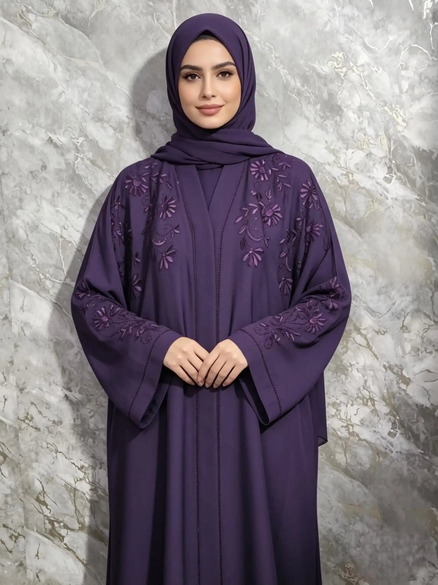 Floral Zoom Embroidered Abaya with Matching Hijab & Belt alnoorscollections.co.uk