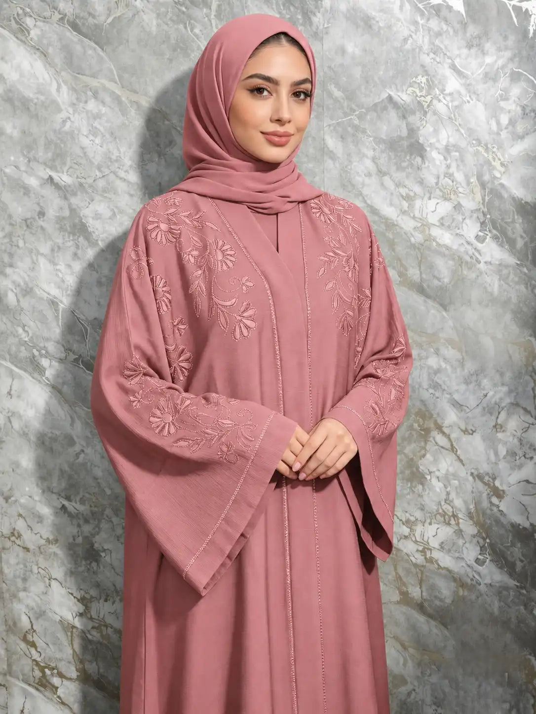 Floral Zoom Embroidered Abaya with Matching Hijab & Belt alnoorscollections.co.uk