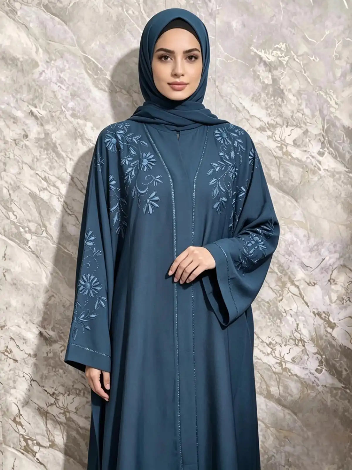 Floral Zoom Embroidered Abaya with Matching Hijab & Belt alnoorscollections.co.uk