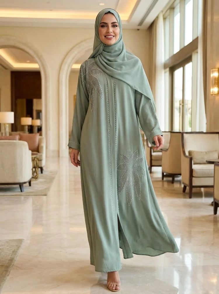 Yasmin Zoom Handbeaded Abaya Set with Matching Hijab & Belt